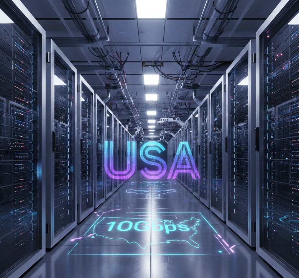 A high-performance USA VPS server room with 10Gbps connectivity indicators.