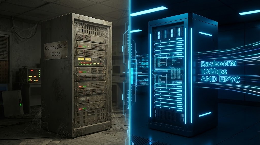 Rackoona 10Gbps AMD EPYC VPS performance comparison versus Cloudzy and DigiRDP