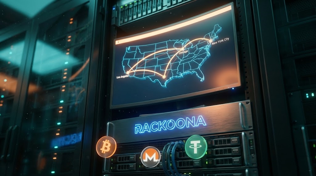 High-performance USA Admin RDP server map showing New York and Chicago locations with Rackoona logo and Bitcoin Monero crypto payment symbols.