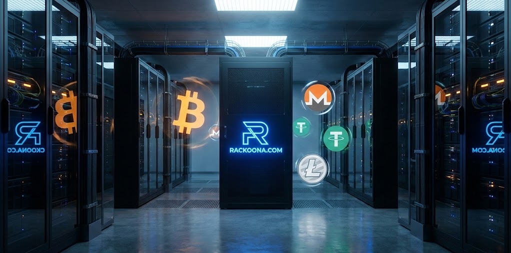 Ultra-realistic 4K photograph of a Rackoona.com data center server rack with glowing holographic symbols for Bitcoin, Monero, and USDT crypto payments.