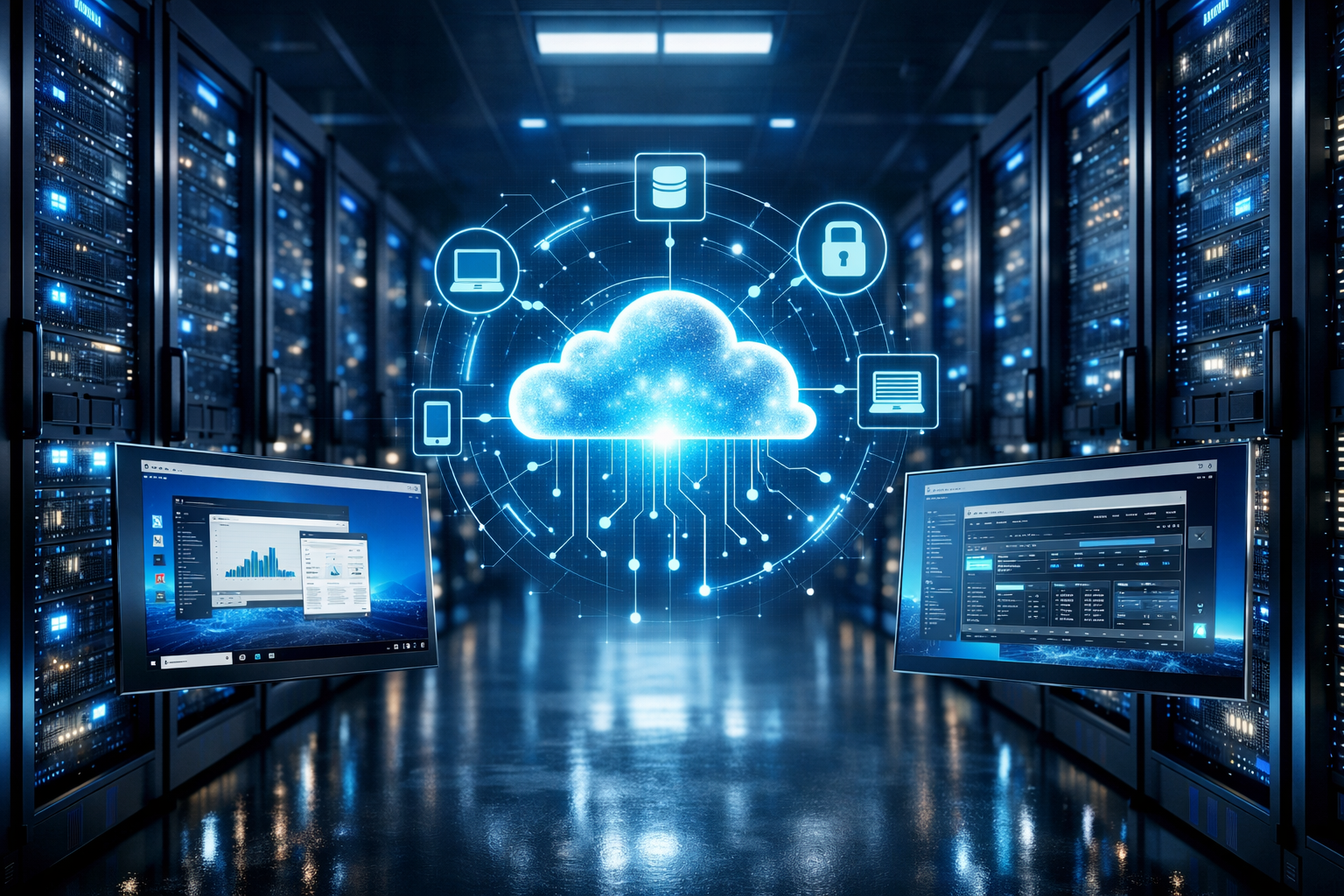 USA RDP cloud infrastructure with high performance data center servers and remote desktop technology visualization
